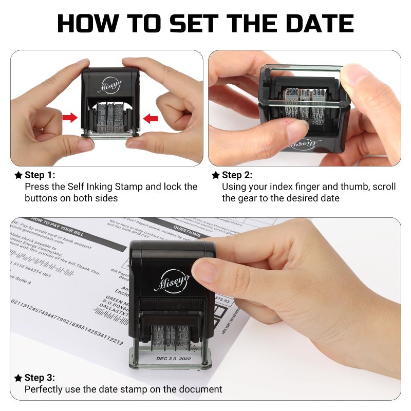 Miseyo Self Inking Date Stamp - Black (2 Black Refill Ink pad Included) - Image 5